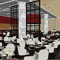 Modern Restaurant Interior With Wooden Ceiling Red Black Screens White Chairs And Orange Sofas