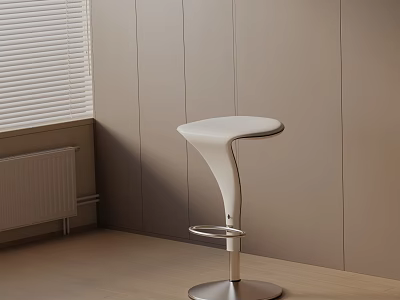 Modern White Bar Stool With Curved Design Metal Base Beige Walls Wooden Floor And Blinds 3d model