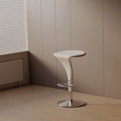 Modern White Bar Stool With Curved Design Metal Base Beige Walls Wooden Floor And Blinds 3d model