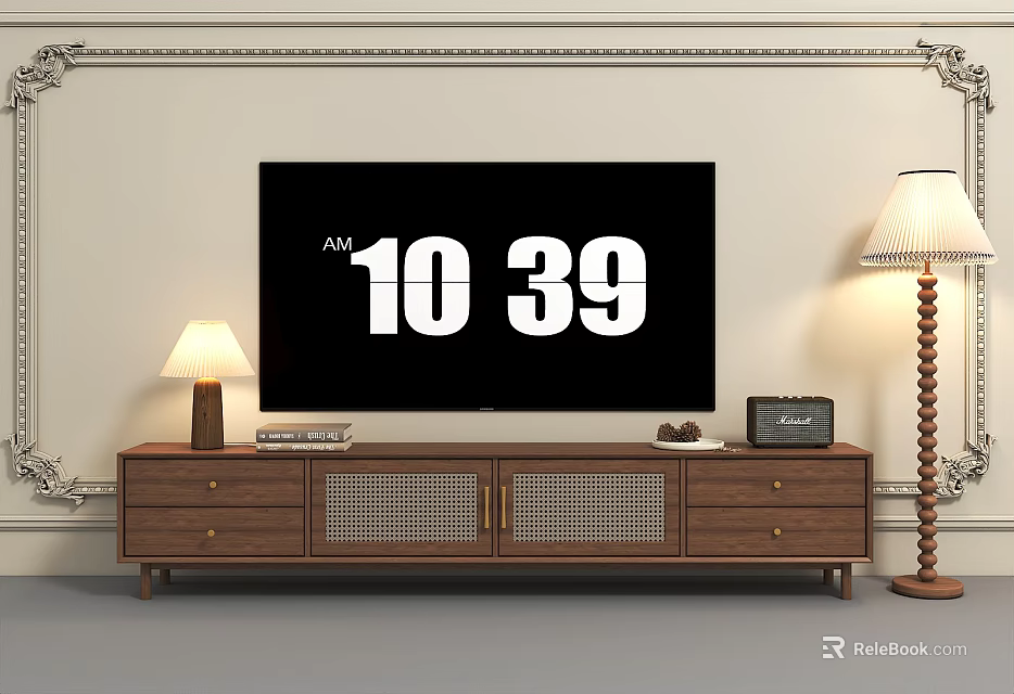 Elegant Wooden TV Stand with Drawers Lattice Doors TV and Table Lamps 3d model 