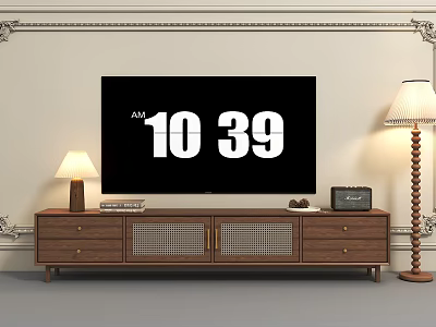 Elegant Wooden TV Stand with Drawers Lattice Doors TV and Table Lamps 3d model