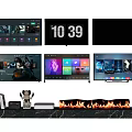 Various TVs Displaying Time Apps And Scenes On Marble Stand With Trophy And Books
