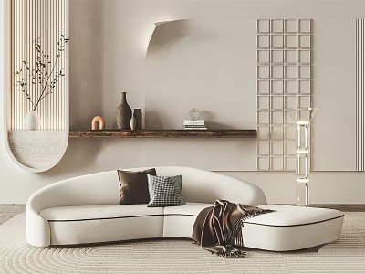 Modern White Sectional Sofa With Throw Pillows And Blanket In Minimalist Interior With Wall Shelf 3d model