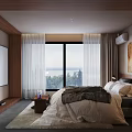 Modern Hotel Guest Room With White Bedding Wooden Headboard Artwork And Floor to Ceiling Windows