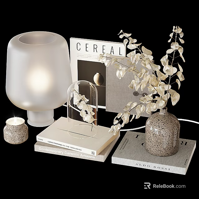 Decorative Ornaments Set With White Lamp Spotted Vase White Floral Branches Candle And Cereal Book 3d model 