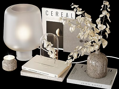 Decorative Ornaments Set With White Lamp Spotted Vase White Floral Branches Candle And Cereal Book 3d model