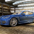 Blue Luxury Sports Car In Modern Indoor Showroom With Large Windows