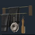 Wooden Frame Bathroom Rack With Golden Metal Bars Gray Towels White Soap And Wooden Brush