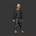 Child In Black Sweater Camouflage Pants Yellow Shoes Open Mouth Outstretched Hands Gray Background