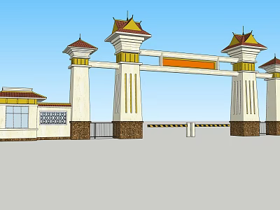 Traditional Entrance Gate With White Pillars Golden Accents And Red Roof Towers 3d model