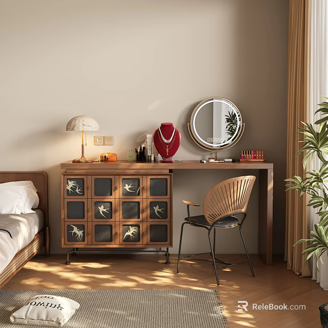 Warm Wooden Dressing Table With Round Mirror Drawers And Wicker Chair In Bedroom 3d model 