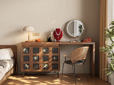 Warm Wooden Dressing Table With Round Mirror Drawers And Wicker Chair In Bedroom 3d model