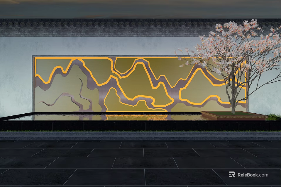 Garden Landscape Design Featuring Mountain Pattern Wall Lighting And Cherry Blossom Tree 3d model 