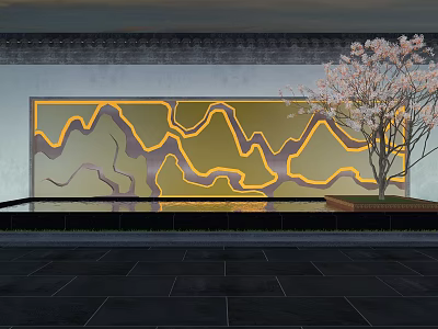 Garden Landscape Design Featuring Mountain Pattern Wall Lighting And Cherry Blossom Tree 3d model
