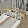 Wooden Baby Crib With Geometric Pattern Mattress Yellow Pillows Green Cloud Cushion And Small Ladder