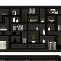 Dark Wood Bookshelf Design With Books Decorative Vases And Photo Frames