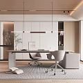 Modern Study Room With Wooden Ceiling White Cabinets Hanging Lights Desk Chairs On Rug