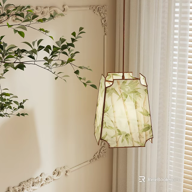 Natural Bamboo Pendant Light With Leaf Pattern Near Green Plants And White Blinds 3d model 