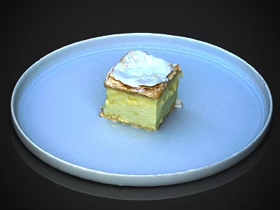 Delicious Layered Flaky Pastry with White Meringue Topping on Light Blue Plate 3d model