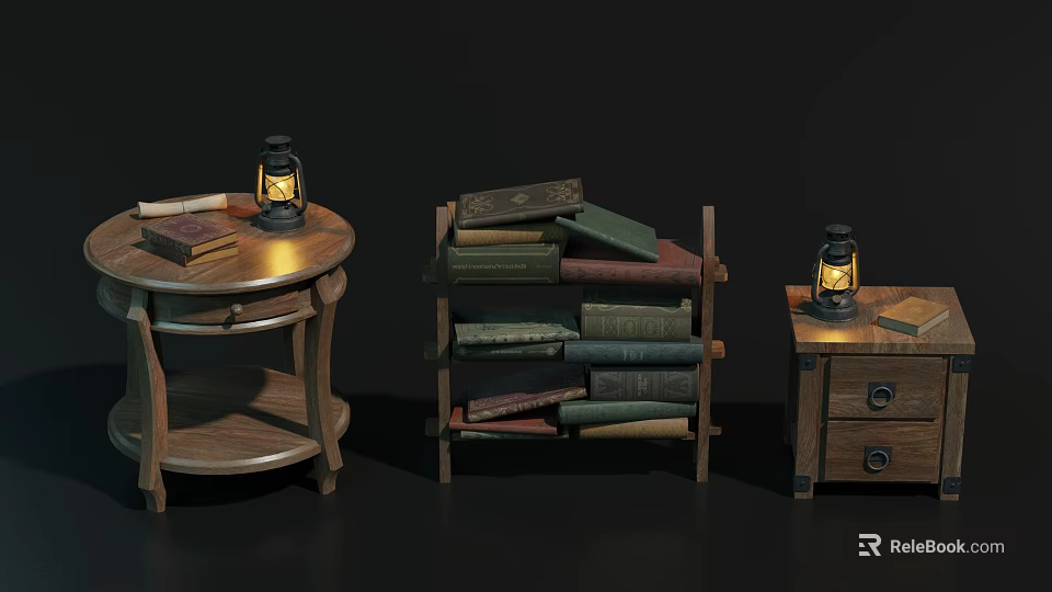 Wooden Side Table Bookshelf And Cabinet With Lanterns And Stacked Books 3d model 