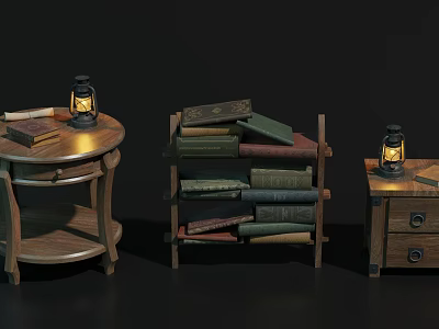Wooden Side Table Bookshelf And Cabinet With Lanterns And Stacked Books 3d model