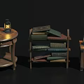 Wooden Side Table Bookshelf And Cabinet With Lanterns And Stacked Books