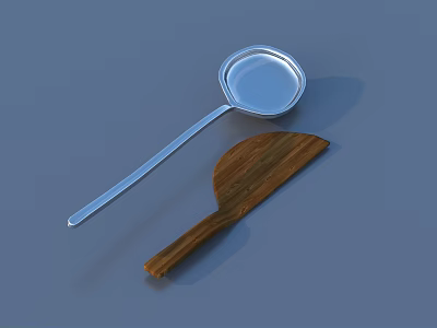Silver Long Handle Ladle and Wooden Spatula Kitchen Cooking Utensil Set 3d model