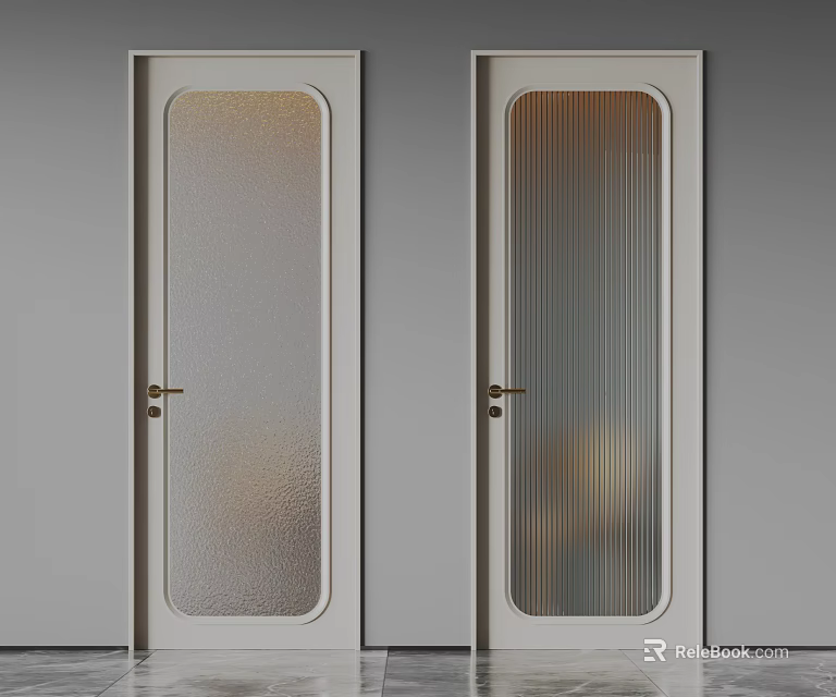White Interior Doors With Frosted And Ribbed Glass Panels And Gold Handles 3d model 