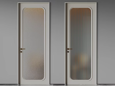 White Interior Doors With Frosted And Ribbed Glass Panels And Gold Handles 3d model