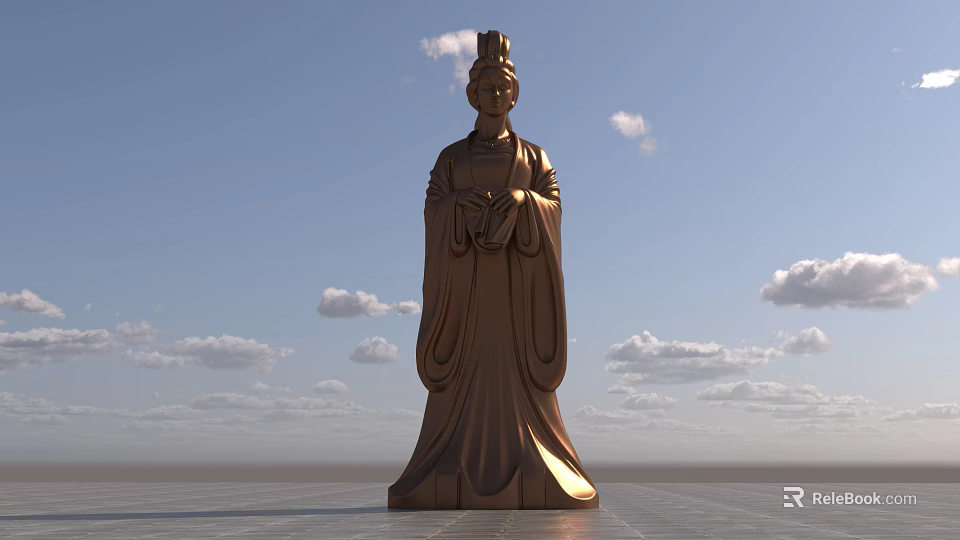 Golden Ancient Figure Landscape Sculpture Against Blue Sky With Clouds On Smooth Ground 3d model 