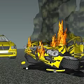 Yellow Car Crash Scene With Burning Wreckage Debris And Another Intact Vehicle