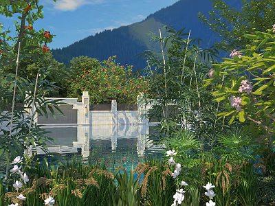 Scenic Waterfront Landscape With Lush Greenery Mountain Reflections And Colorful Flowers 3d model