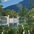 Scenic Waterfront Landscape With Lush Greenery Mountain Reflections And Colorful Flowers