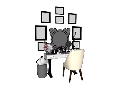 Elegant Perfumes and Cosmetics Display on Dressing Table with Chair and Picture Frames 3d model
