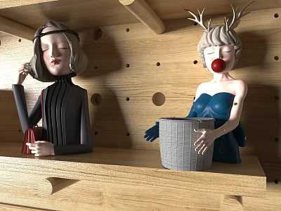 Hinged Door With Wooden Shelf Decorative Dolls And Hole Design Elements For Home Decor 3d model