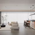 Modern Living And Dining Room Interior With Sofa Island Counter Pendant Lights And Large Windows
