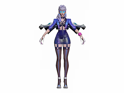 Stylish Futuristic Female Fantasy Character With Purple Hair Blue Outfit And Decorative Shoulder Wings 3d model