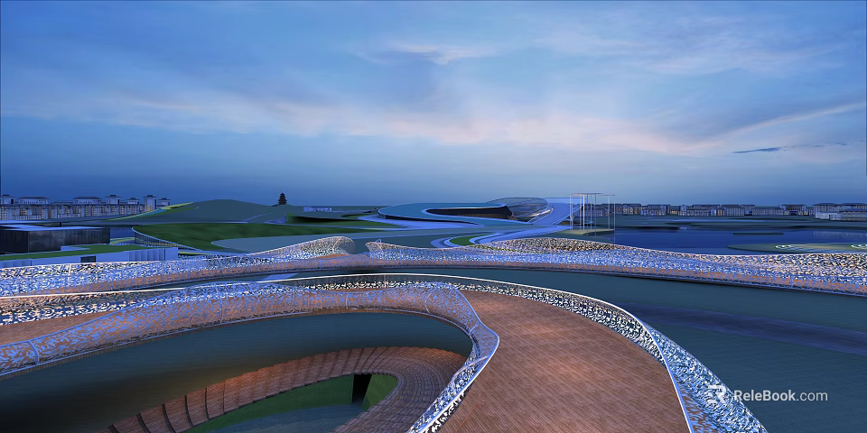 Modern Curved Bridge With Illuminated Lighting Over Waterfront Evening Scenic View 3d model 