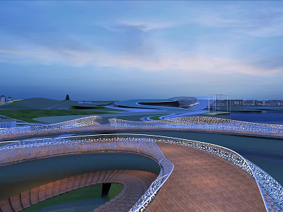 Modern Curved Bridge With Illuminated Lighting Over Waterfront Evening Scenic View 3d model