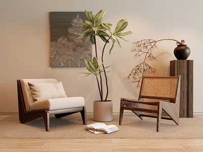 Leisure Chairs With Wooden Frame Rattan And Upholstered In Cozy Natural Space With Green Plant 3d model
