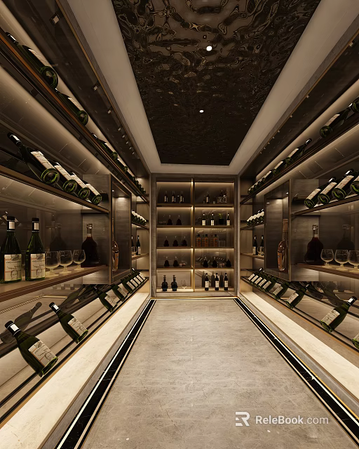 Luxurious Modern Wine Cellar Interior Design With Wooden Racks Wine Bottles And Display Cabinets 3d model 