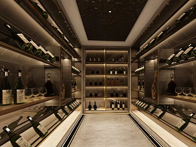 Luxurious Modern Wine Cellar Interior Design With Wooden Racks Wine Bottles And Display Cabinets 3d model