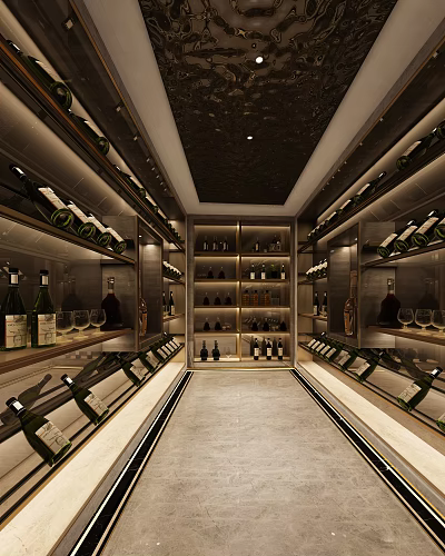 Luxurious Modern Wine Cellar Interior Design With Wooden Racks Wine Bottles And Display Cabinets 3d model