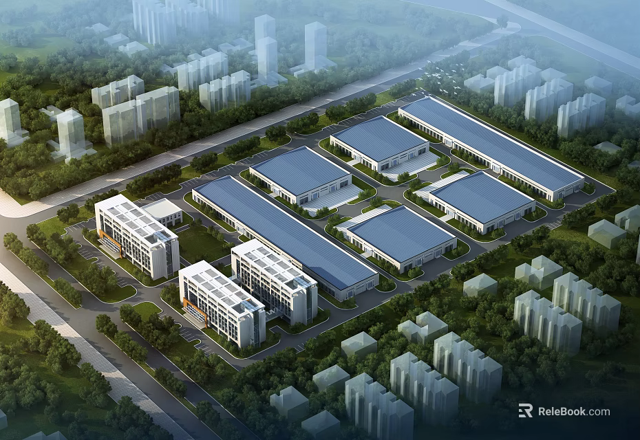 Modern Industrial Factory Park With Well Planned Layout Multiple Buildings And Green Areas 3d model 
