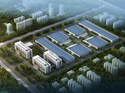 Modern Industrial Factory Park With Well Planned Layout Multiple Buildings And Green Areas 3d model