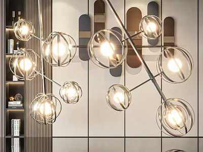 Modern Chandelier Design With Transparent Globe Lights In Interior With Geometric Panel Wall And Bookshelf 3d model