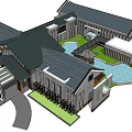 Traditional Modern Architecture Complex With Courtyard Water Feature Enclosed Layout And Greenery 3d model