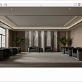 Modern Elegant Hotel Public Lounge With Wooden Walls Gray Sofas Green Plants And Area Rug