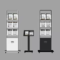 White and Dark Gray Display Racks with Brochures and Central Tablet Stand 3d model