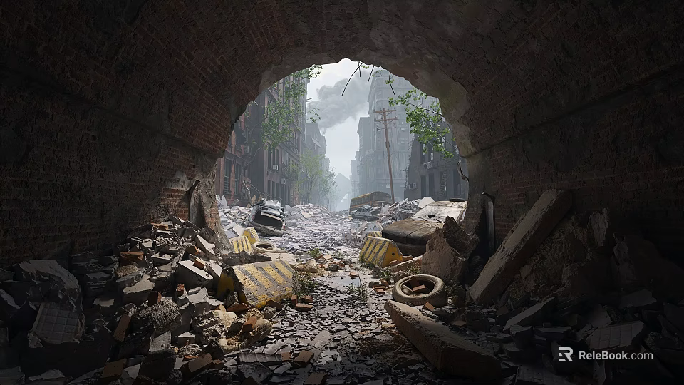 Urban Architecture View Through Old Brick Archway With Rubble Street And Background Tall Buildings 3d model 
